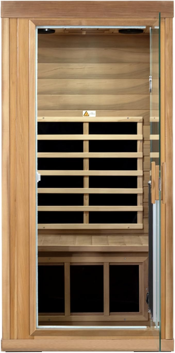 Red Cedar Sauna 1 Person Low EMF Far Infrared Saunas for Home, 1350 watt Indoor Personal Sauna Room with Door Heating Panels, Clothing Hanging Rod, Blue-Tooth Speakers, LED Reading Lamp