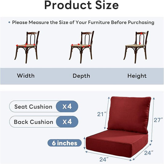 6" Thicker Outdoor Chair Cushion 4 Sets - 24" *24" *6" Waterproof Patio Furniture Cushions with Removable Cover, 28D High Density Sponge Filling Thicken Outdoor Patio Cushions - Red