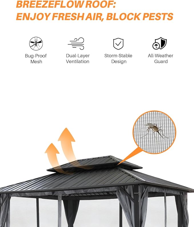SEEHILL 12' x 16' Hardtop Gazebo, Outdoor Patio Gazebo, Aluminum Frame Patio Hardtop Gazebos with Netting and Curtain, Outdoor Patio Pergola with Double Steel Roofs for Deck, Lawns, Garden, Slate Gray
