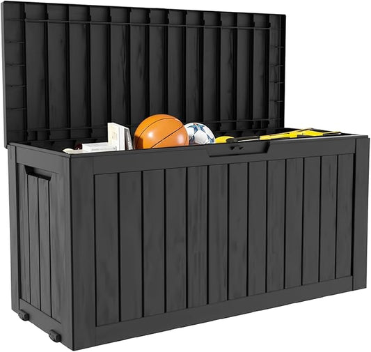 75 Gallon Deck Box, Resin Outdoor Indoor Waterproof Storage Box, Lockable Storage Box With Handle for Patio Furniture - Garden Tools - Swimming Pool Tools UV-Resistant, Black