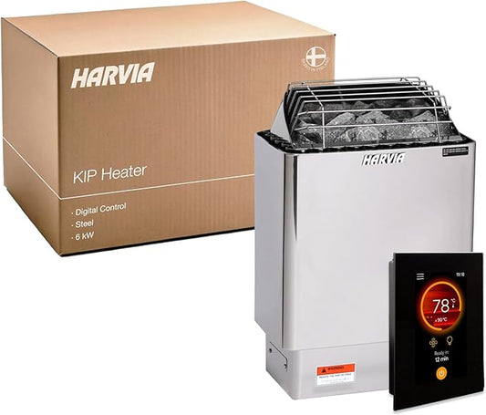 Harvia KIP Sauna Heater, Wall Mounted Electric Sauna Stove, Stainless Steel 220v Heater with Sauna Stones Included, Large Stone Cavity for Maximum Heat Release (6kW - Digital Controls)