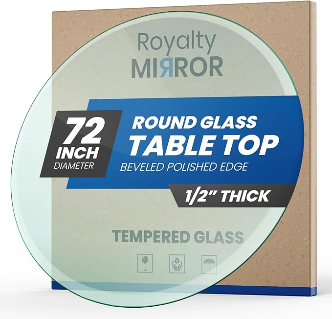 Royalty 72" Inch Round Tempered Glass Table Top – Clear Table Top Glass – Useful for Replacement, Tabletop Protector, Patio, Dining, Coffee, Desks - 1/2" Thick Beveled Edge