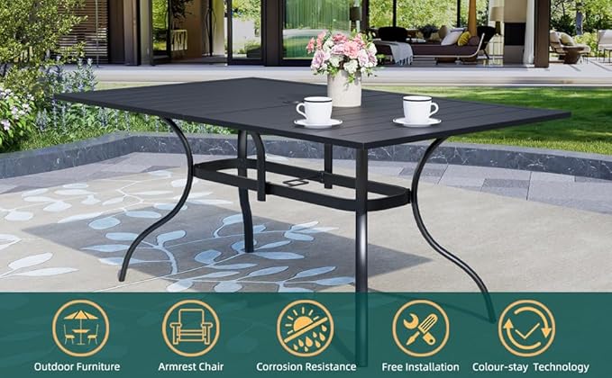 7-Piece Outdoor Dining Set, 6 Stackable Chairs with Cushions ＆ 63'' Rectangular Outdoor Table, Wicker Rattan Design, All Weather Frame Furniture Set