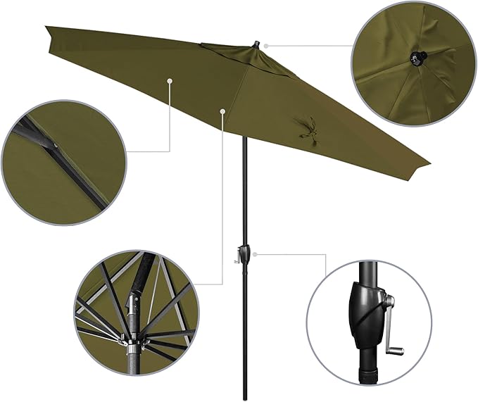 California Umbrella 9' Rd Aluminum Patio Umbrella, Crank Lift, Auto Tilt, Black Finish, Sunbrella Cilantro