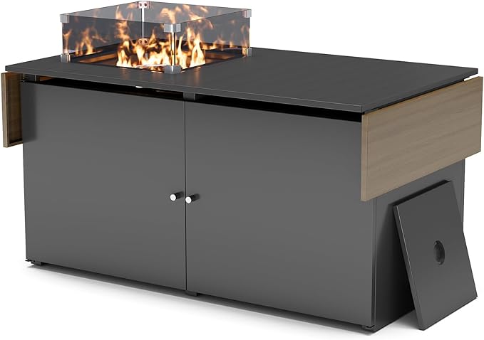 LAUSAINT HOME 64" Gas Fire Pit Table for Outside Patio, 55,000 BTU Propane Firepit with Expandable Tabletop & Wind Guard