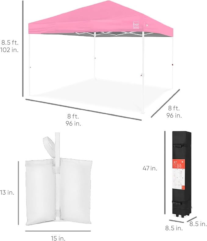 Best Choice Products 8x8ft 1-Person Setup Pop Up Canopy Tent Instant Portable Shelter w/ 1-Button Push, Case, 4 Weight Bags - Pink/White