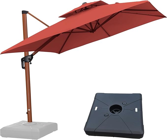 PURPLE LEAF Patio Umbrella with Base Outdoor Square Umbrella Large Cantilever Umbrella Windproof Offset Umbrella Heavy Duty Sun Umbrella for Garden Deck Pool Patio, 9ft Brick Red