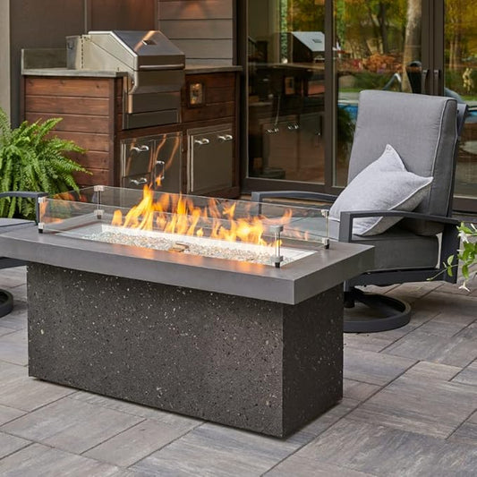 Outdoor GreatRoom Co Propane Fire Pit Table - Key Largo Gas Fire Pits for Outside Patio - 48 Inch Rectangular Concrete Firepit Fire Table, Stucco Base, Glass Tabletop Cover, 80,000 BTU - Black