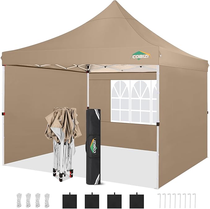 COBIZI 10x10 Pop Up Canopy with 3 Sidewalls, Canopy Tent 10x10 for Parties, Backyard, Commercial, Waterproof and Portable Instant Shelter UV50+ Ez Outdoor Canopy Gazebo with 4 Sandbags(Khaki)