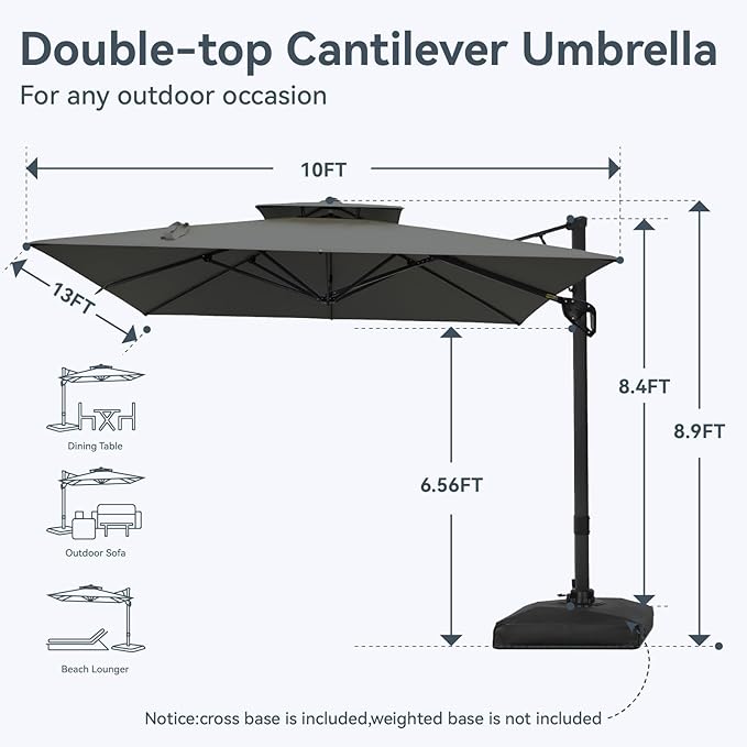 GREEN PARTY 10x13 ft Cantilever Patio Umbrella, Rectangle Offset Outdoor Umbrellas with 360° Rotation, 5-Year-Non-Fading Hanging Pool Umbrella for Garden Deck Poolside - Grey