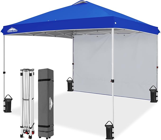 EAGLE PEAK Pop Up Canopy Tent with 1 Sidewall, Easy Setup Event Tent, Outdoor Sun Shade, Wheeled Carry Bag, Stakes and Guy Ropes, Instant Canopy 10x10, Blue