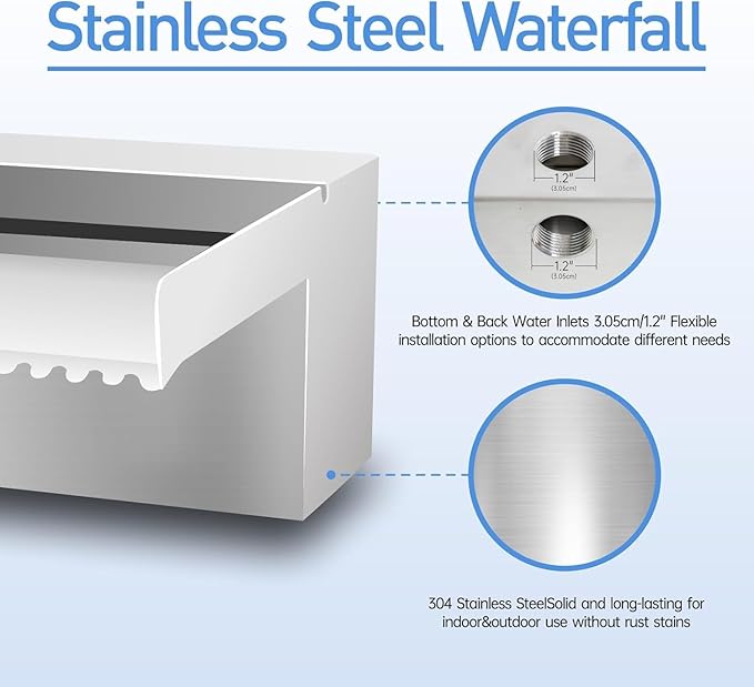 Pool Fountain Stainless Steel Pond Waterfall Spillway Kits for Indoor/Outdoor Decorative, 12 Inches Pool Water Feature for Garden Patio, Backyard Koi Pond Decor(No LED Light)