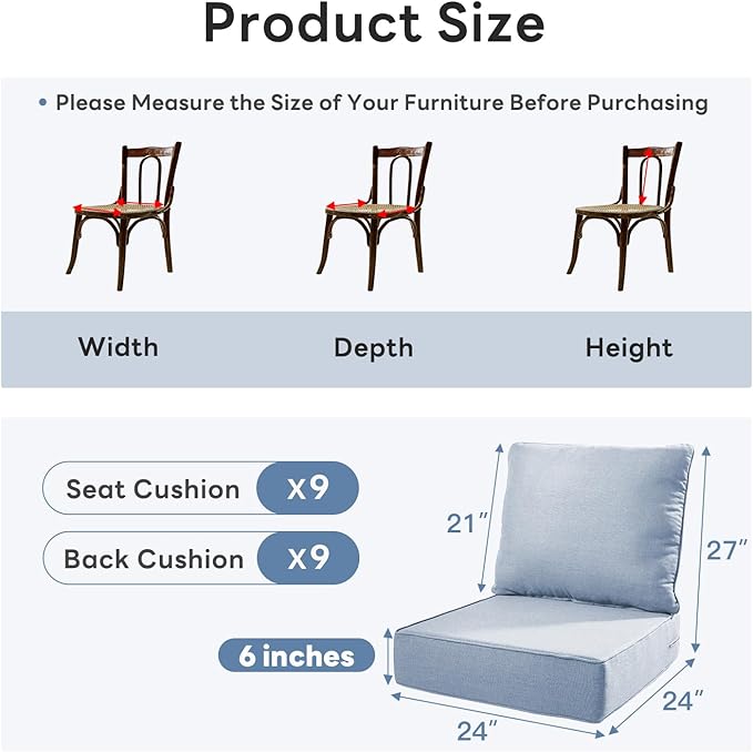 6" Thicker Outdoor Chair Cushion 9 Sets - 24" *24" *6" Waterproof Patio Furniture Cushions with Removable Cover, 28D High Density Sponge Filling Thicken Outdoor Patio Cushions - Baby Blue