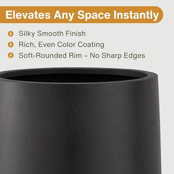 13" H x 12.6" D Conico Fiberstone Round Planter - Christmas Tree Planter, Smooth Finishes, Weather Resistant for Indoor and Outdoor Use, Included 2 Extra Coco Mats (Black, 10" Pot Opening)