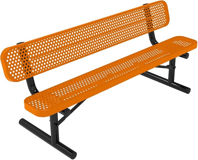 COATEDOUTDOORFURNITURE Coated Outdoor Furniture Heavy-Duty Portable Outdoor Bench Thermoplastic Coated, Punched Steel, Commercial-Grade Seating, Made in America (Portable with Back, 6 Ft, Orange)