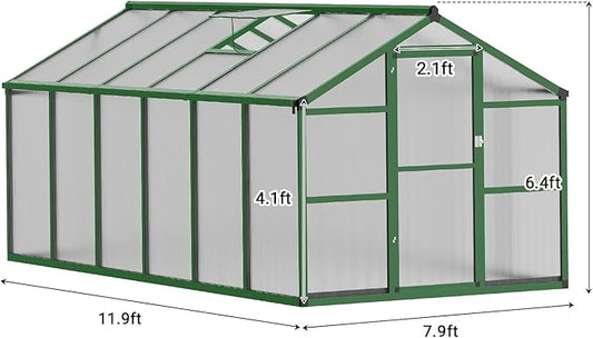 8 X 12 Ft Greenhouse, Greenhouses for Outside, Polycarbonate Greenhouse with Aluminum Frame, Lockable Door and Ajustable Roof Vent for Backyard, Green Houses for Outside Garden Backyard, Patio