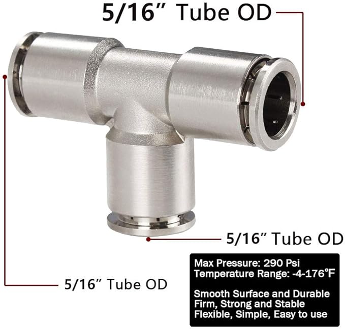 Beduan Push to Connect Tube Fitting Union Tee, Copper Nickle-Plated 5/16" Tube OD 3 Way Tee Shaped Union Adapter Fitting (Pack of 2)