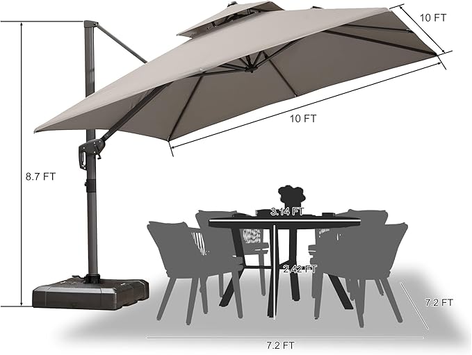 PURPLE LEAF 10 FT Cantilever Umbrella Outdoor Patio Umbrella, Large Offset Square Umbrellas, Windproof Heavy Duty Hanging Outside Umbrellas for Patio, Ash Mocha
