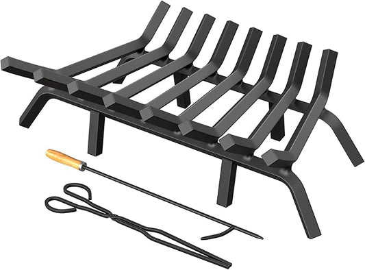 Fireplace Grate 24 Inch with 8 Support Legs, Solid Steel Heavy Duty Fireplace Log Holder with Fire Log Tongs & Fire Poker, Fireplace Log Grate for Indoor Fireplace and Outdoor In-ground Firepit