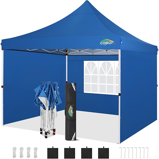 COBIZI 10x10 Pop Up Canopy with 3 Sidewalls, Canopy Tent 10x10 for Parties, Backyard, Commercial, Waterproof and Portable Instant Shelter UV50+ Ez Outdoor Canopy Gazebo with 4 Sandbags(Light Blue)