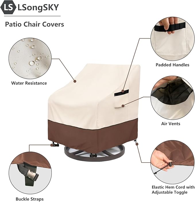 Outdoor Swivel Chair Cover 2 Pack,100% Waterproof Heavy Duty Patio Chair Covers,(30 W x 34 D x 38.5 H inches) Swivel Patio Chair for Outdoor Furniture Covers Waterproof,Beige&Brown