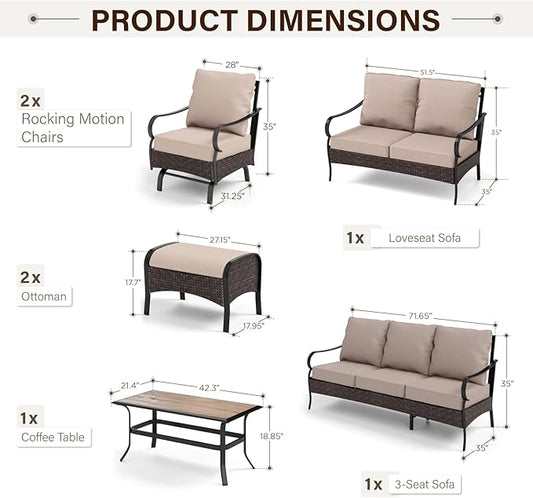 GREEN PARTY Extra Large Outdoor Patio Furniture Set 7 Pieces for 9, Modern Metal Patio Conversation Sets with High Back 3-Seat Sofa & Loveseat Sofa, 2 Motion Chairs, 2 Ottoman, 1 Coffee Table