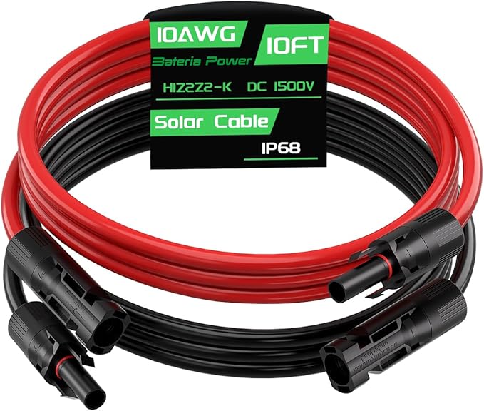 Bateria Power 10Feet 10AWG Solar Panel Extension Cable, 10 Gauge 6mm² PV Wire with Female & Male Waterproof Connectors for RV, Photovoltaic Systems, Set of 2