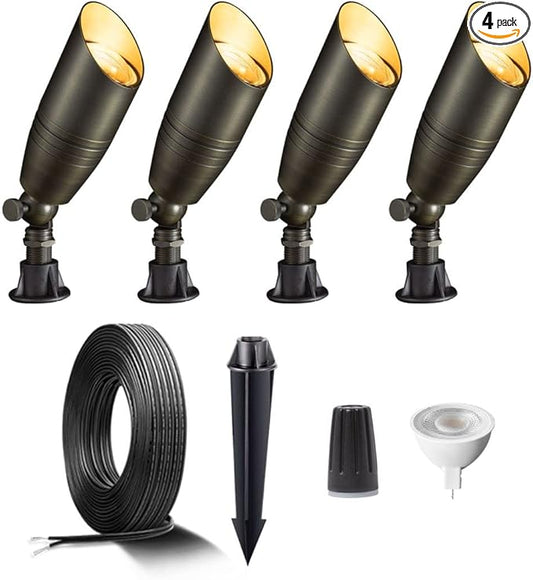 Gardenreet Brass Landscape Lighting Kit (4 Pack Spotlights) with 100 Feet Cable and 20Pack Wire Connectors for Outdoor House Garden Patio Without Low Voltage Transformer
