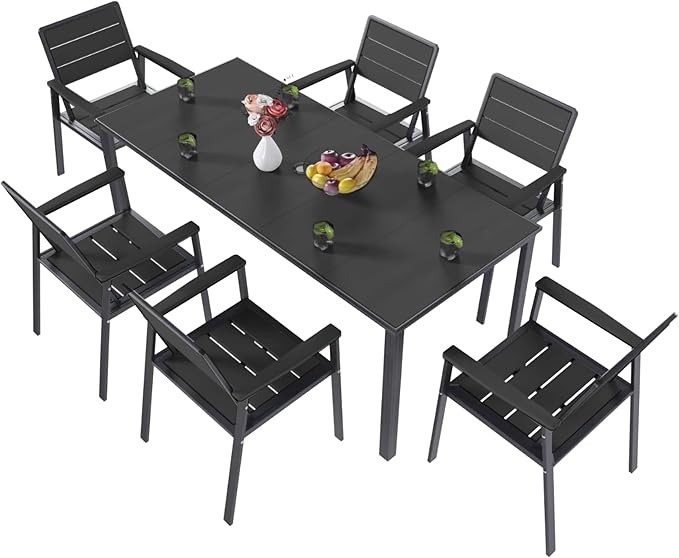 Kingdura 7 Piece Patio Dining Set for 6, HDPE Outdoor Table & Chairs with Umbrella Hole, All-Weather Outdoor Furniture Patio Conversation Set for Lawn Pool Backyard, Dark Grey