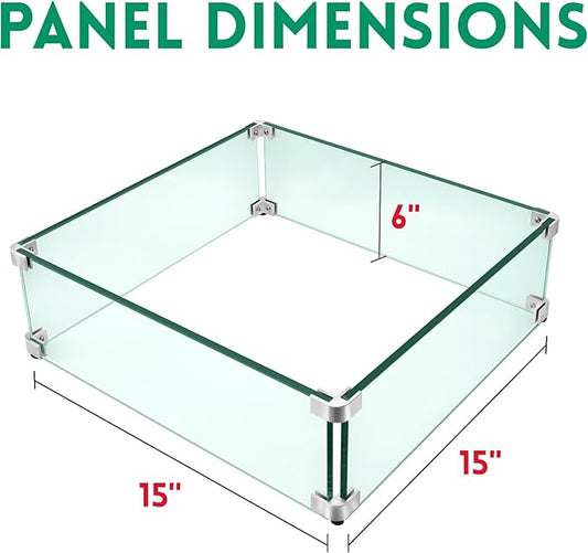 Fire Pit Wind Guard, 15" x 15" Square Tempered Glass Wind Shield for Firepit & Fire Table, Thick Glass and Easy Installation with Included Tools, Airflow Management for Stable Flame