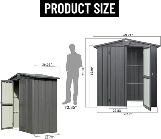 Small Outdoor Storage Shed 5.7x3ft Galvanized Steel, Large Capacity Garden Tool Shed with Gable Roof & Lockable Double Doors - Utility Shed for Patio, Backyard, Lawn (Dark Gray)