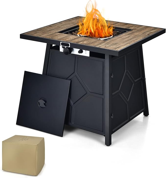 Giantex Fire Pits for Outside Outdoor Propane Fire Pit Table, 28” Patio Gas Fireplace W/Lid & Lava Rocks, 40,000 Btu, Waterproof Cover, CSA Certification, for Backyard, Deck Dinning Gas Fire Table
