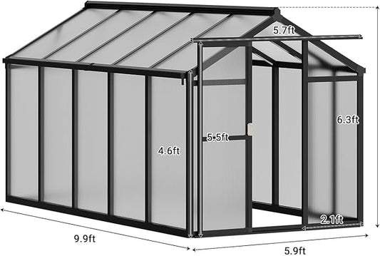 Greenhouse, 6x10 Ft Outdoor Greenhouses, Accessible Green House with Roof Vents and Sliding Doors, Aluminum Frame Polycarbonate Greenhouses, Large Greenhouse for Outdoor Gardens and Backyards, Black