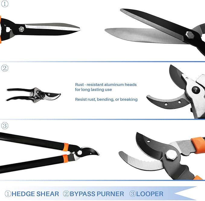 E&K Sunrise Set of 3 Pieces Garden Tree Tools for Lawn & Garden Care Garden Kit with Lopper, Hedge Shears and Pruner Shears, Tree & Shrub Care Kit