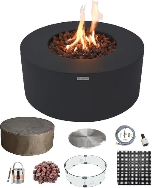 AMS Fireplace | Modeno Venice Package | Black Natural Gas Fire Pit Table for Outside Patio Bundle with Wind Guard, and SS Burner Lid | Free Rubber Mat & Ice Bucket