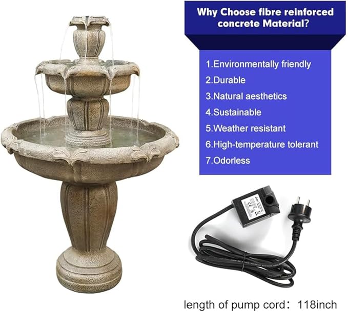 ourrco 48” H Outdoor Floor Water Fountain, 3-Tiers Concrete Water Fountain with Submersible Electric Pump - Garden Cascading Waterfall for Yard Patio Lawn Home Decor