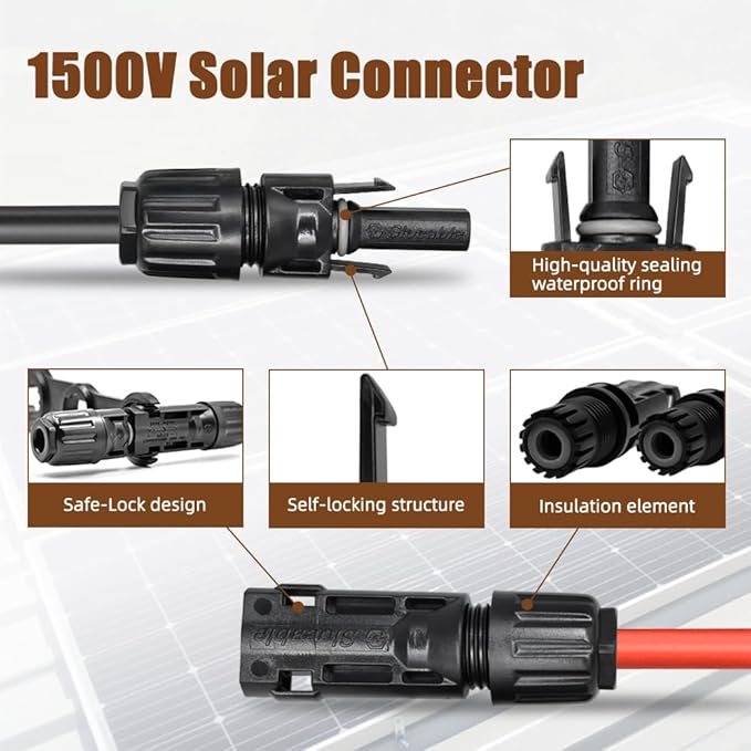 8AWG (10mm²) Solar Panel Extension Cable, 1500V 70A Solar Wire with IP68 Male and Female Connector(30FT)