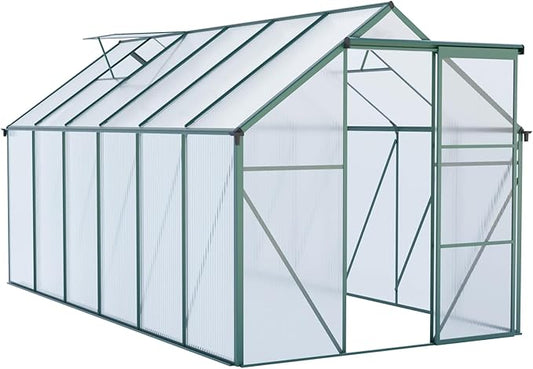 6×12 FT Polycarbonate Greenhouse for Outdoors, Large Walk-in Aluminum Green House Kit with Raised Base, Anchor, Sliding Door & Roof Vent, Heavy-Duty Outdoor Winter Greenhouse, Green