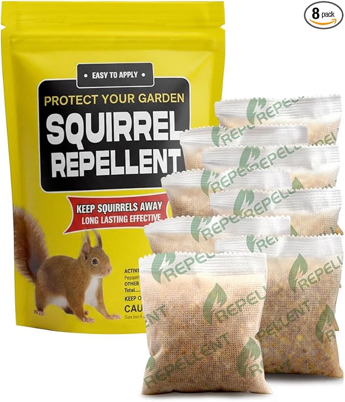 Squirrel Repellent Outdoor, Chipmunk & Squirrel Repellent, Keep Squirrels Away from Garden, Attic, Yard, Garage and Bird Feeder, 3 Months Protection, Safe Around Kids, Pets & Plants - 8P