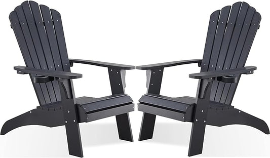 Psilvam Adirondack Chair, Oversized Poly Lumber Fire Pit Chair with Cup Holder, 350Lbs Support Patio Chairs for Garden, Weather Resistant Outdoors Seating, Relaxing Gift for Father & Mother (2, Black)