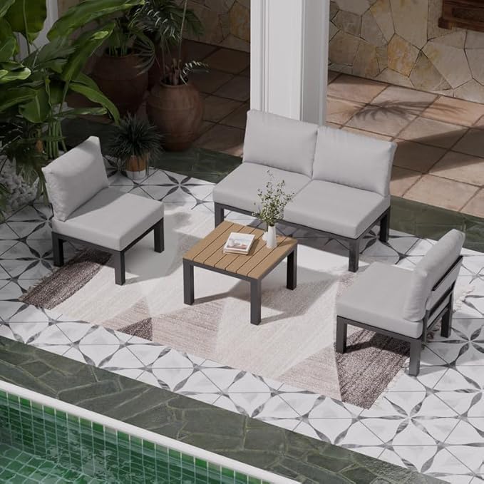 ZANDOR Aluminum Outdoor Patio Furniture Set, 4 Pieces Movable Backrest Modular Sectional Sofa Set, Metal Conversation Set with 4-inch Thick Cushion for Garden Backyard Porch, Grey