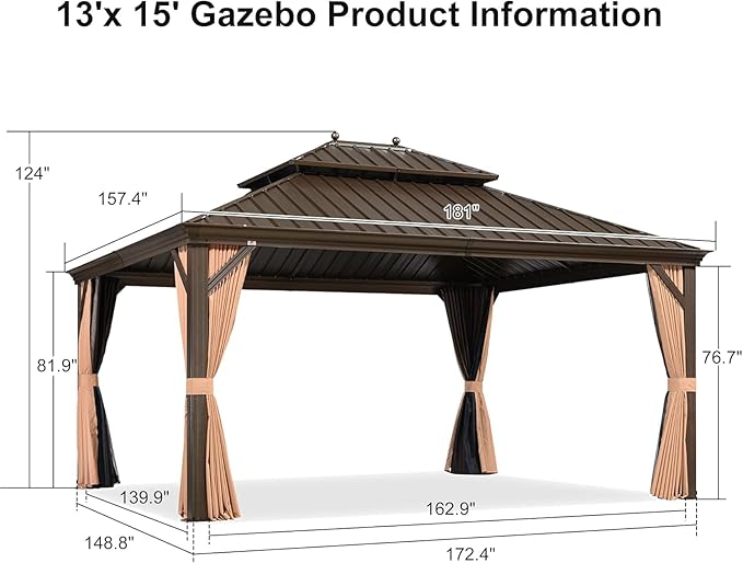 PURPLE LEAF 13' X 15' Outdoor Hardtop Gazebo Patio Wide Aluminum Frame Galvanized Steel Double Roof with Heavy Duty Netting and Curtains for Permanent Hard Top Pavilion Screen,Khaki