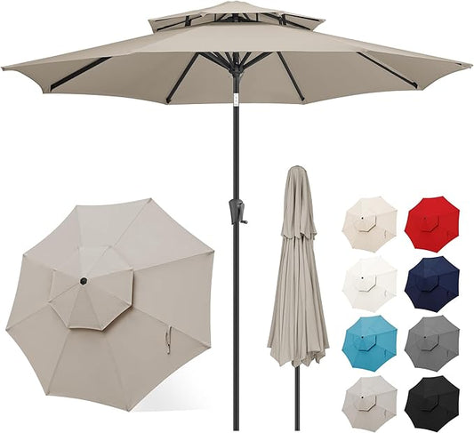 FLAME&SHADE 9ft Patio Umbrella - 2 Tiers Outdoor Umbrella with Push Button Tilt and Crank for UV Protection, Table Market Umbrella for Garden, Deck, Backyard, Pool and Beach(Taupe)