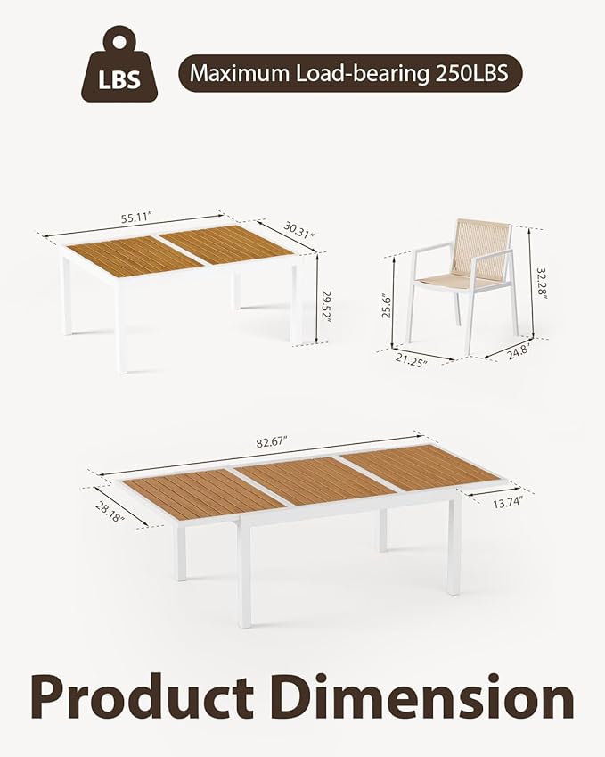 Expandable Patio Dining Table for 4-8 People, Aluminum Outdoor Square Table(55"- 82.7") with Safety Lock, Adjustable Height - Wood Grain for Backyard, Garden, Porch, Yard, Poolside,White