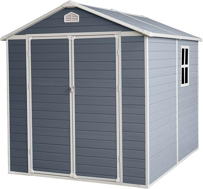 6 ft x 8 ft Resin Outdoor Storage, Plastic Garden Sheds with Floor and Lockable Door for Backyard, Lawn, Grey