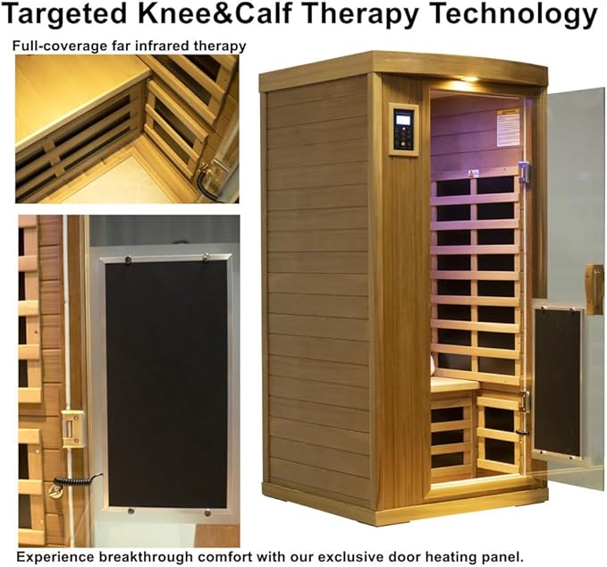 Far Infrared Sauna Room 1-2 Person Infrared Home Saunas, 8 Low EMF Heating Panels, 1510 Watts Red Cedar Wood Sauna with Door Heating Panel, LCD Display-Control, Blue-tooth Audio, Outdoor Lamp