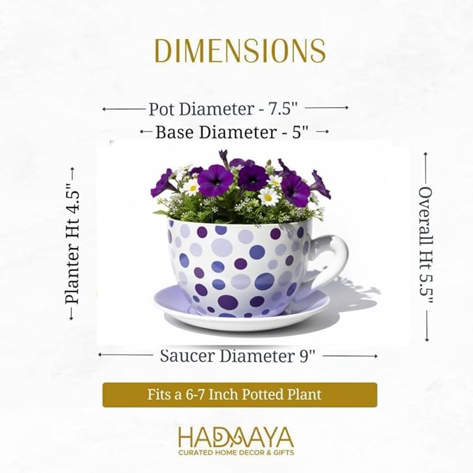 7.5” Round Ceramic Teacup Planter with Saucer – Purple Polka Dot Design Pot for Succulents, Orchid, Herbs & Indoor Houseplants/Flowers for Bithday & Home Decor & Any Other Occasion