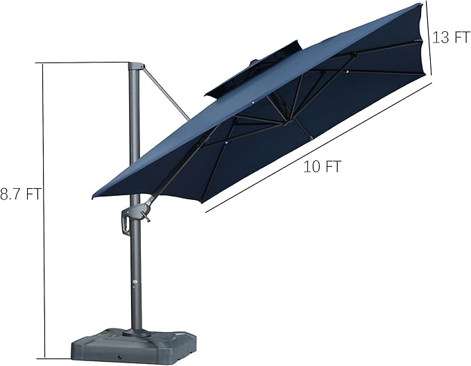 PURPLE LEAF 10' X 13' Double Top Cantilever Patio Umbrella Deluxe Large Outdoor Umbrella Rectangle Offset Umbrella with Fade Resistance for Garden Deck Pool Patio, Ocean Slate