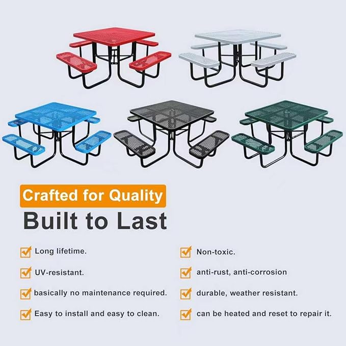 46-Inch Square Outdoor Picnic Table – Commercial Heavy-Duty Steel Dining Table with Thermoplastic Coating, Weather & Rust Resistant, Ideal for Parks, Patios, Schools, Campgrounds (Black)