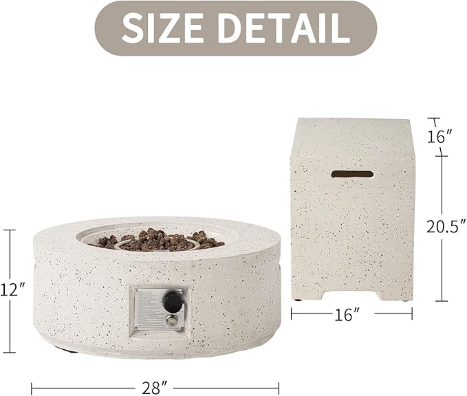SUNBURY Outdoor 28 Inch Propane Fire Pit Table, Round Fire Table w Tank Table, 40,000 BTU Spotted White Patio Gas Fire Table Waterproof Cover, Lava Rocks